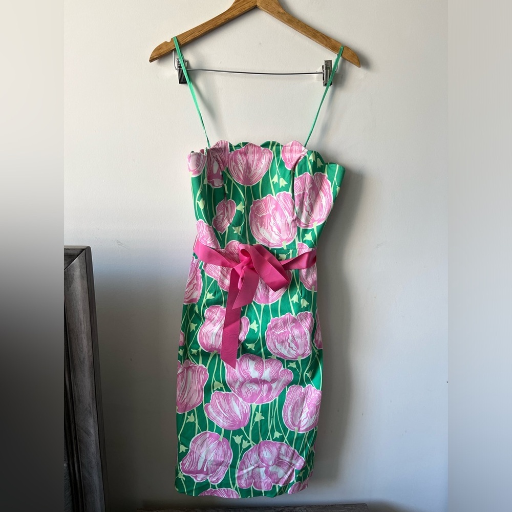 Lily Pulitzer Sleeveless Tube Tulip Floral Green and Pink Dress with Pink Bow 4